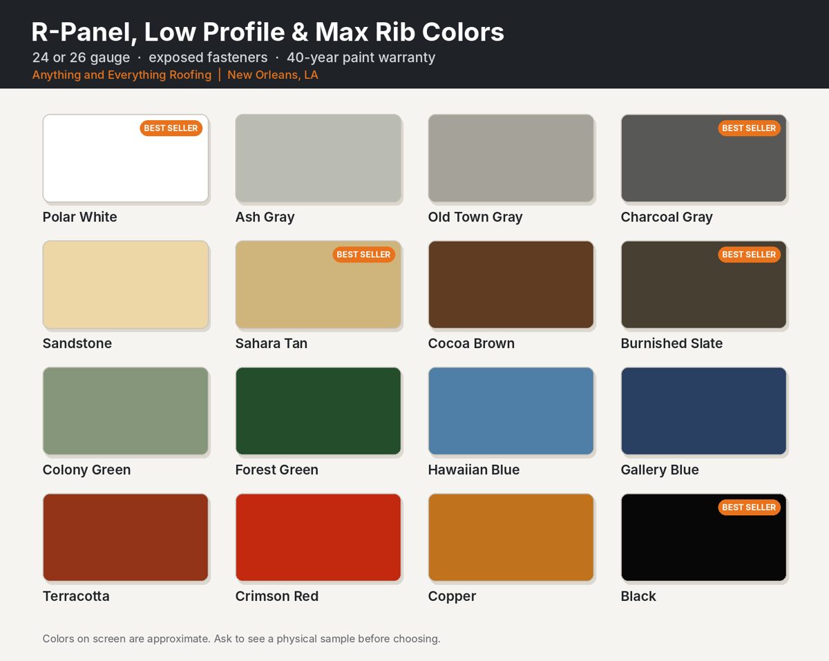 R-Panel, Low Profile and Max Rib color chart with 16 colors